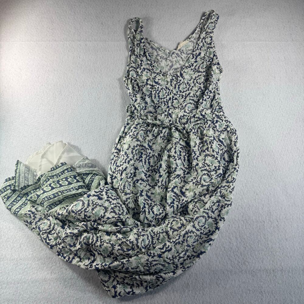 Lucky Brand Maxi Dress XS Drawstring Tie Waist Boho floral Indigo Multi Print